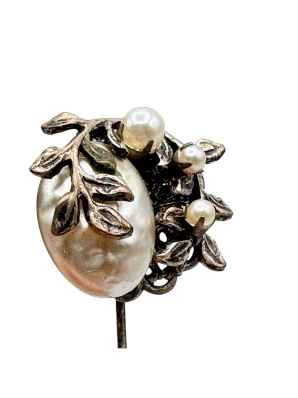 MIRIAM HASKELL vintage signed stick pin antique brass faux baroque pearl flowers - Picture 9 of 11